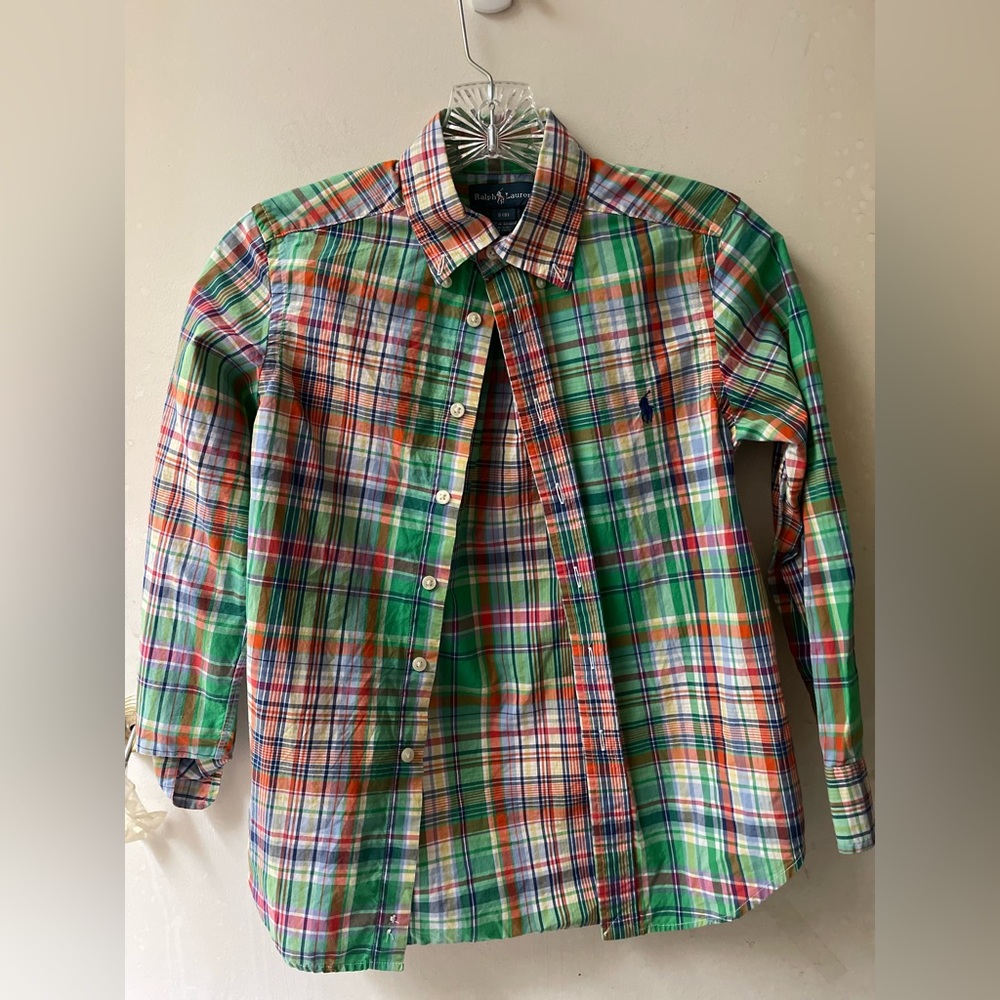 Polo Plaid Boys Button Down Long Sleeve Shirt Spare Buttons Green Orange